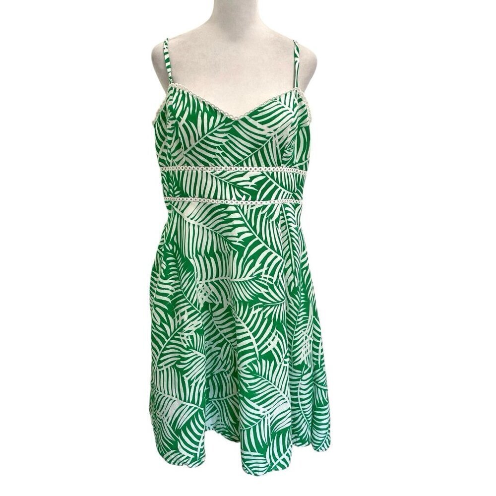 Eliza J Linen Blend Tropical Palm Print Fit Flare Sleeveless Dress Green size 12